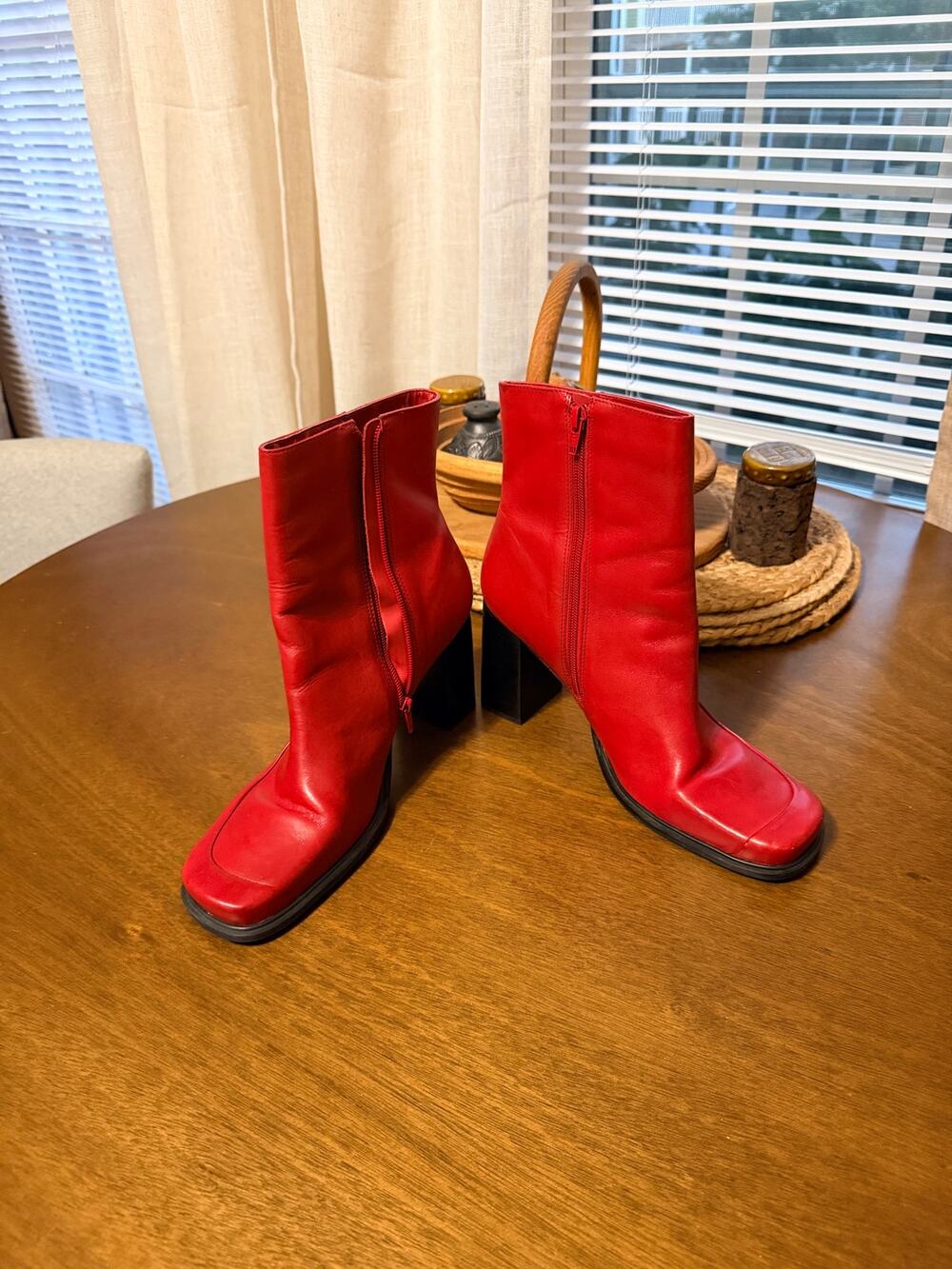 Vintage Bruno Valenti Red Leather Square Toe Boots Sculptural Block Heel Y2K 10